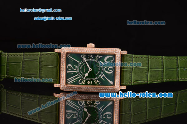 Franck Muller Long Island Swiss Quartz Rose Gold Case Diamond Bezel with Green Leather Strap and Green Dial - Click Image to Close